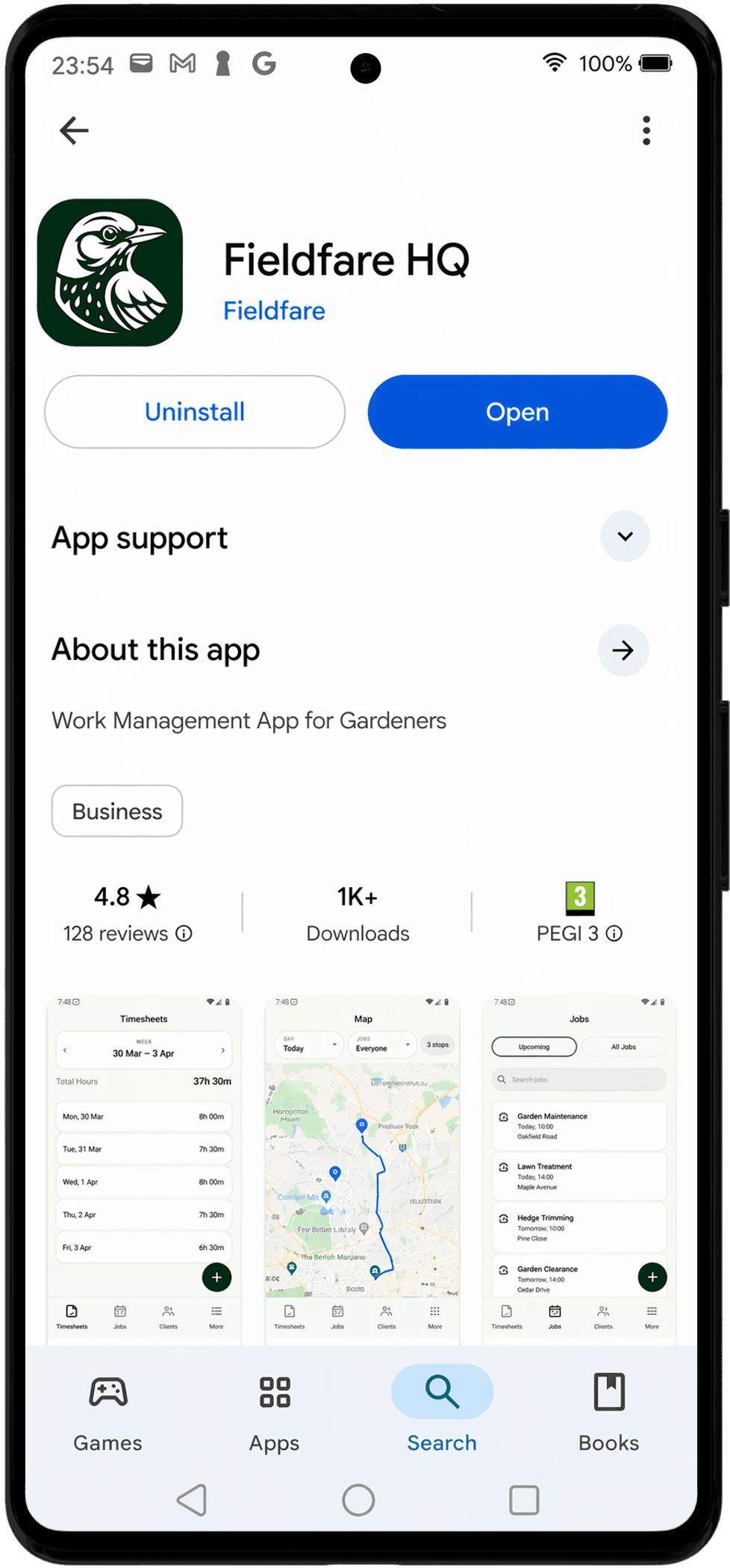 Fieldfare HQ mobile app listing shown on an Android phone with preview screenshots underneath