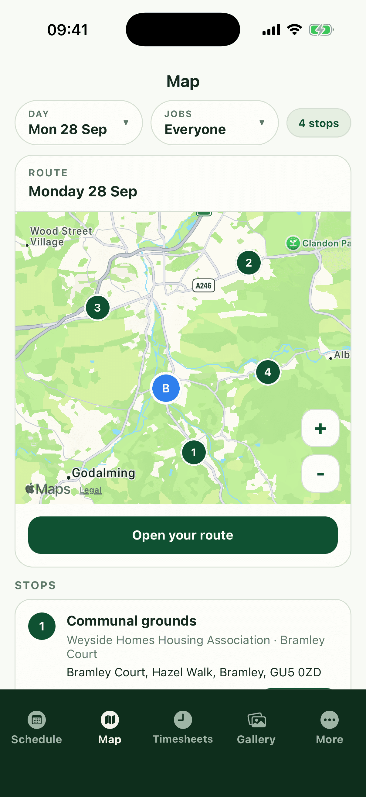 The Fieldfare app showing a day's route on a map