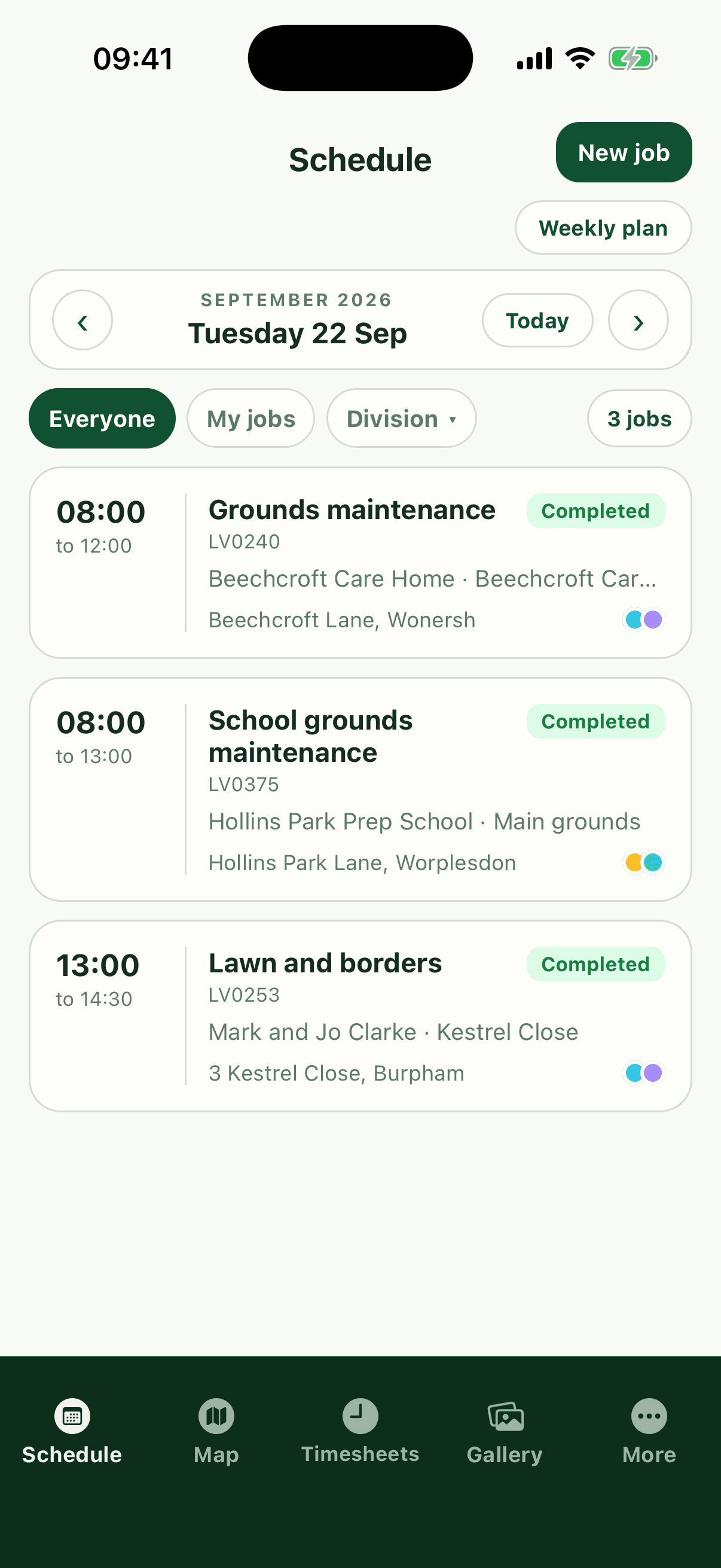 Today's jobs in the Fieldfare app