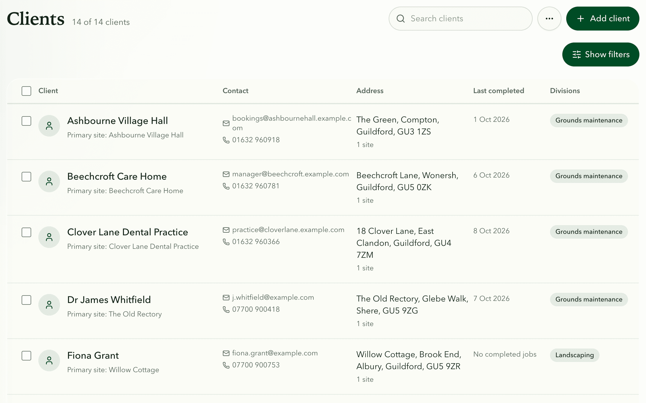 Fieldfare client list showing each client's sites and last visit date